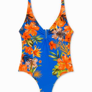 Badpak met bloemenprint aan de zijkant - BLUE - S