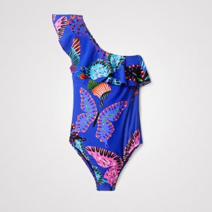 Asymmetrisch badpak met vlinders - BLUE - S