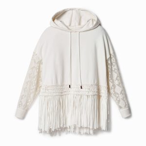 Sweatshirt met franjes en kant - WHITE - S