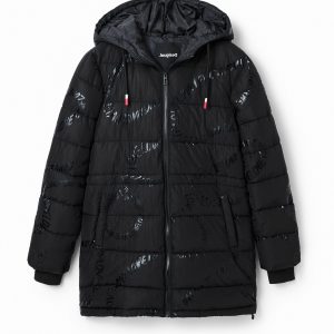 Lange gewatteerde jas met tekst - BLACK - XS