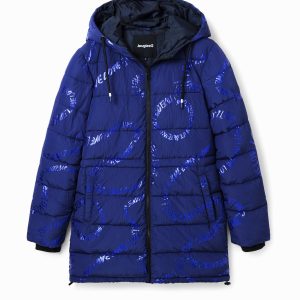 Lange gewatteerde jas met tekst - BLUE - XS