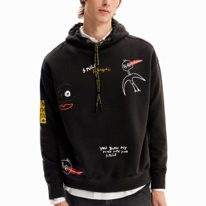 Sweatshirt met capuchon en vogels - BLACK - XL