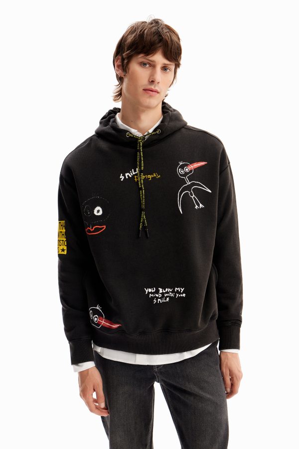 Sweatshirt met capuchon en vogels - BLACK - XL