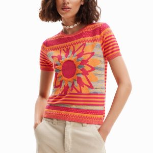Gebreid T-shirt met bloem - ORANGE - XL