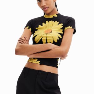 Geribbeld T-shirt met madeliefjes - BLACK - S