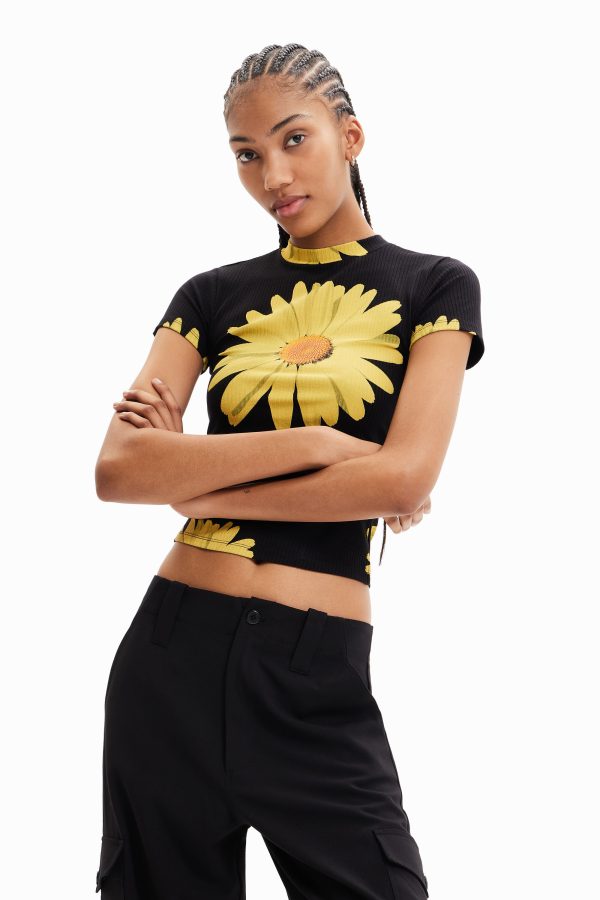 Geribbeld T-shirt met madeliefjes - BLACK - S