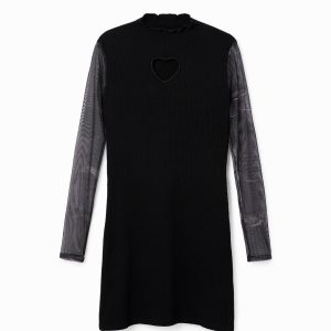 Geribde midi-jurk met hart - BLACK - L