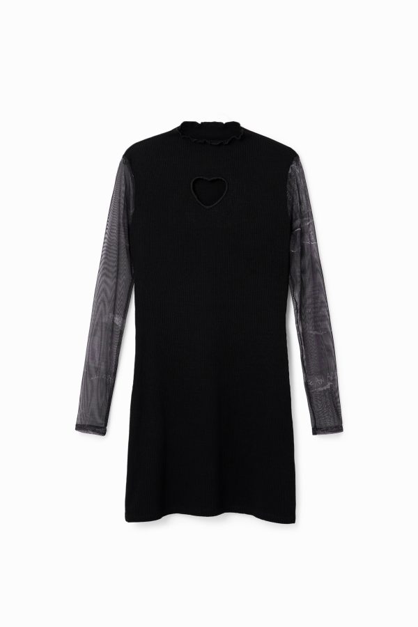Geribde midi-jurk met hart - BLACK - L