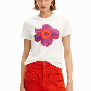 T-shirt met bloemenillustratie - WHITE - M