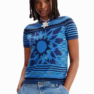 Gebreid T-shirt met bloem - BLUE - M