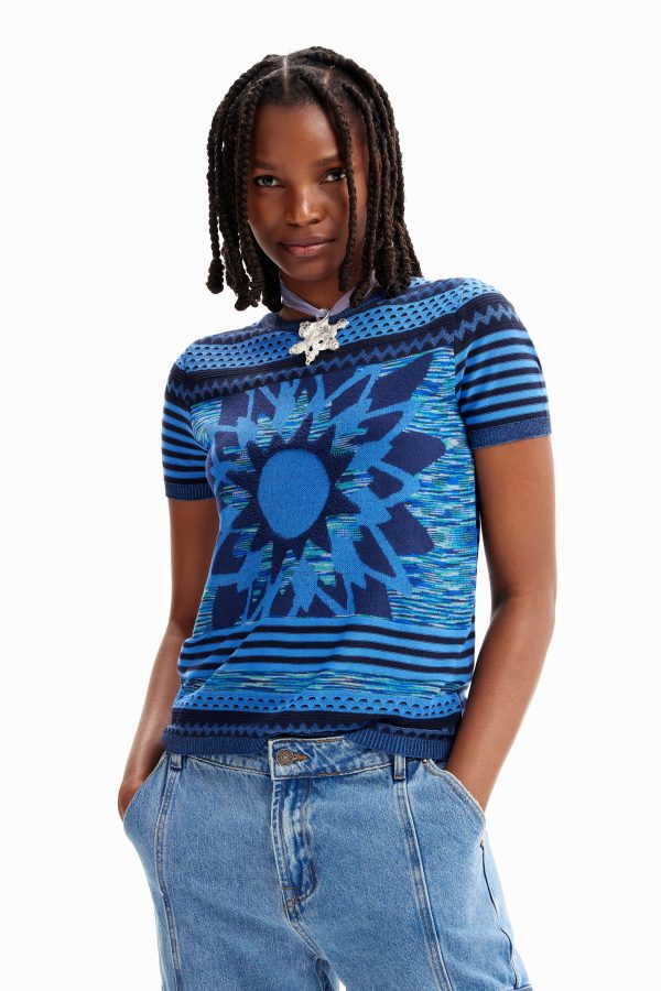 Gebreid T-shirt met bloem - BLUE - XL