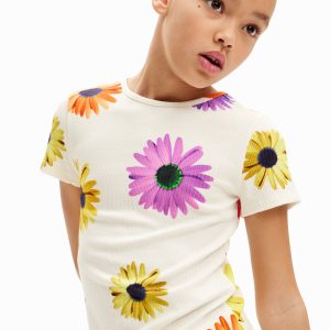 Geribbeld T-shirt met madeliefjes - WHITE - 7/8