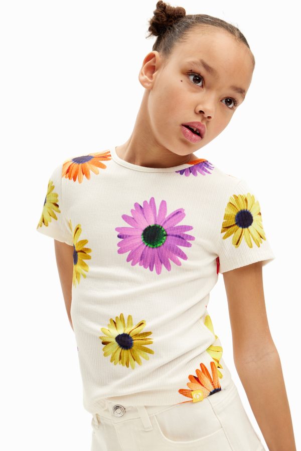 Geribbeld T-shirt met madeliefjes - WHITE - 7/8