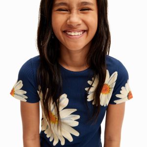 Geribbeld T-shirt met madeliefjes - BLUE - 7/8