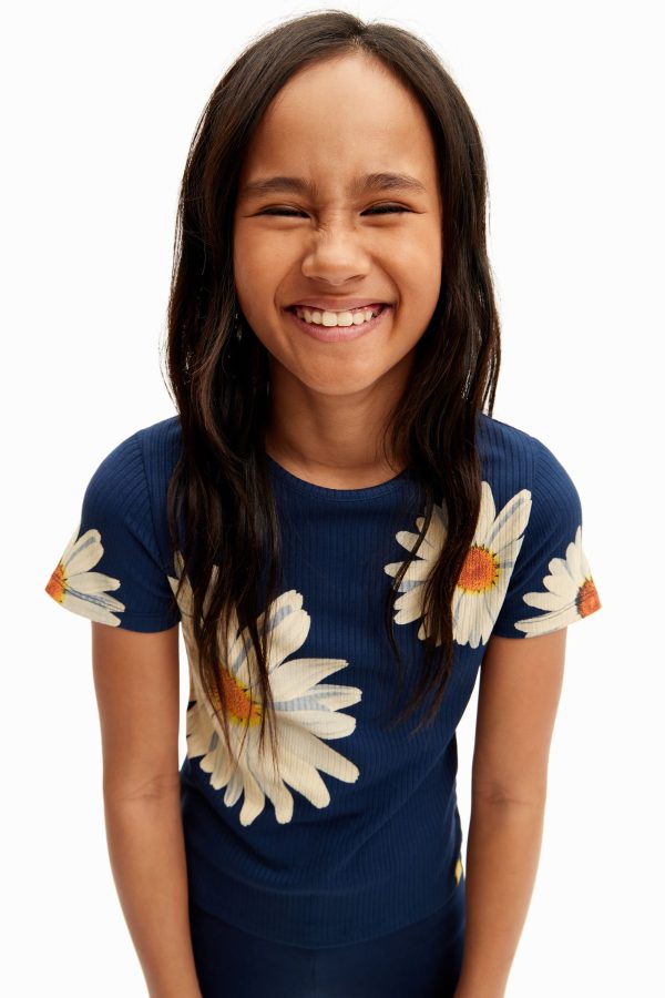 Geribbeld T-shirt met madeliefjes - BLUE - 7/8