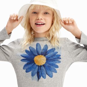 Geribd T-shirt met bloemenillustratie - BLACK - 3/4