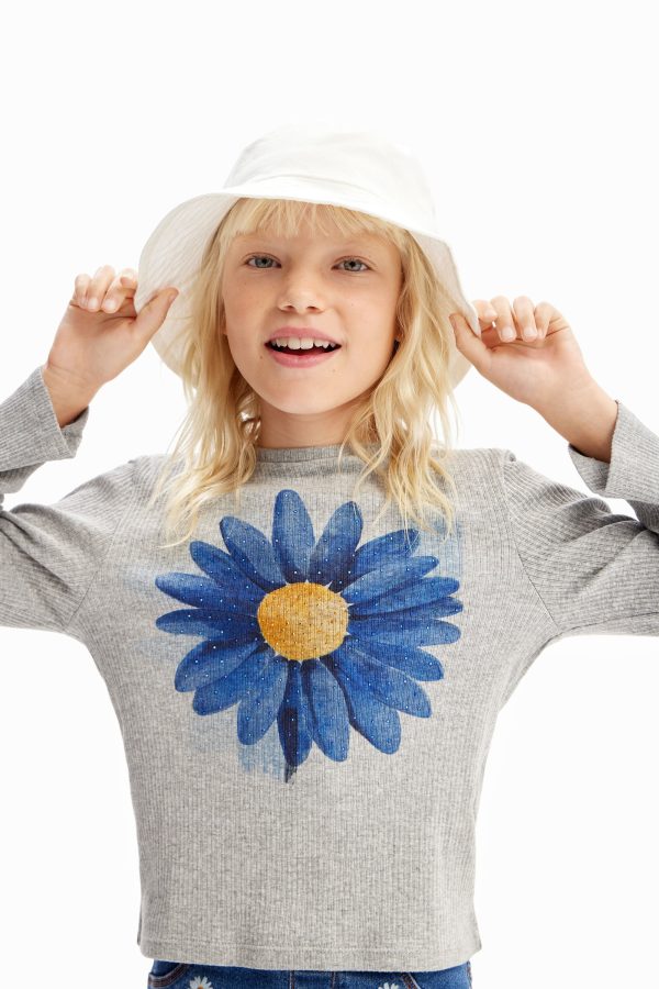 Geribd T-shirt met bloemenillustratie - BLACK - 3/4