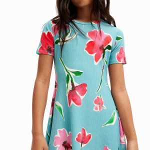 Korte geribde jurk bloemen - BLUE - 11/12
