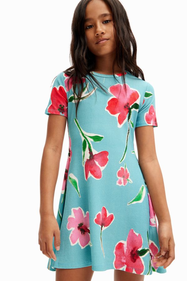 Korte geribde jurk bloemen - BLUE - 11/12