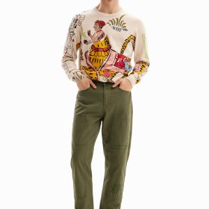 Lange rechte broek met borduursels. - GREEN - 36