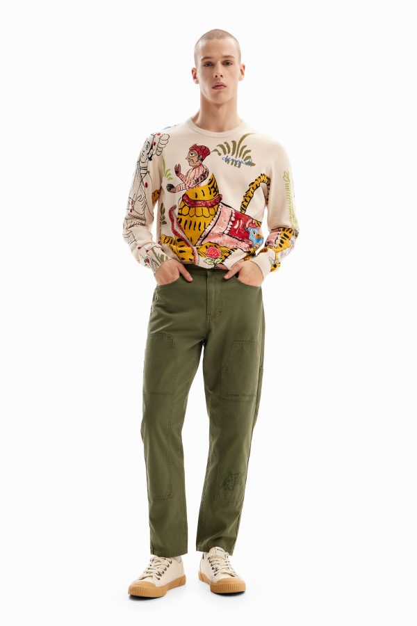 Lange rechte broek met borduursels. - GREEN - 36