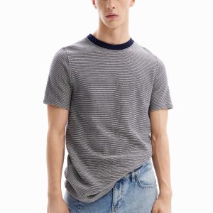 Gestreept T-shirt met details. - BLUE - M