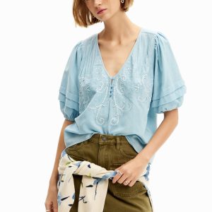 Boho-blouse borduursels - BLUE - XL