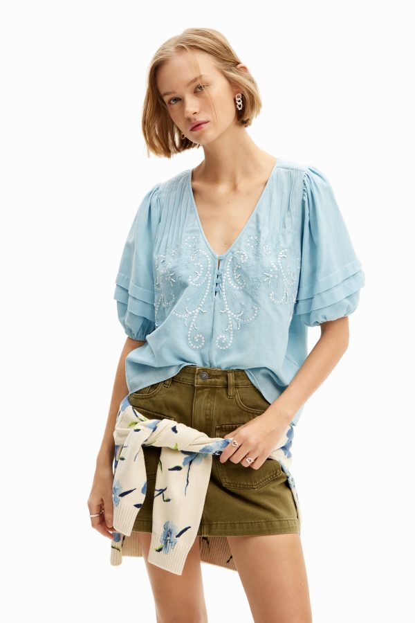 Boho-blouse borduursels - BLUE - XL