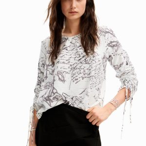Blouse met verstelbare mouwen en tekstopdruk. - WHITE - L