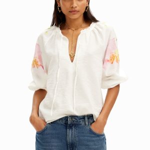 Luchtige blouse met aquarel bloemenprint. - WHITE - L