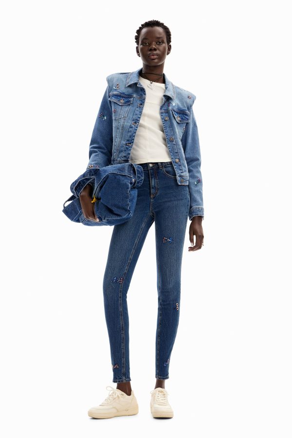 Slim fit jeans kralen bloemen - BLUE - 36