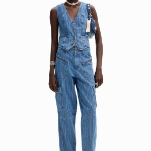 Gestreepte denim cargobroek - BLUE - 40