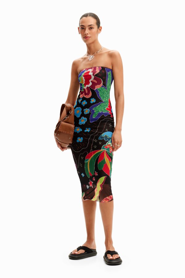 Bandeau midi-jurk junglemotief - BLACK - XS