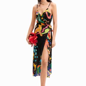Midi-wikkeljurk junglemotief - BLACK - L