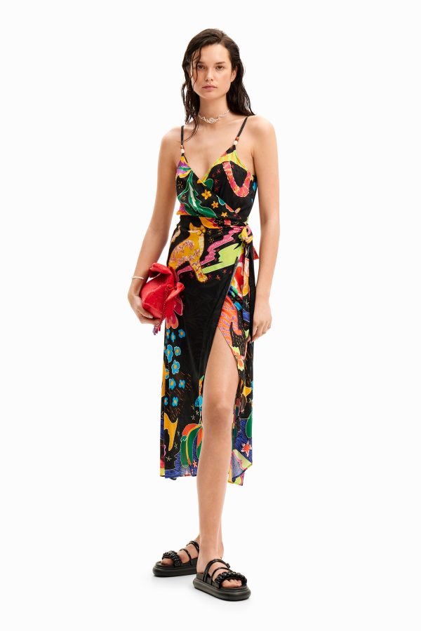 Midi-wikkeljurk junglemotief - BLACK - XS