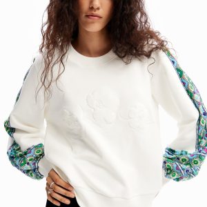 Sweatshirt pofmouwen borduursels - WHITE - XL