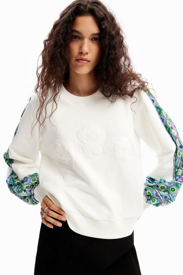 Sweatshirt pofmouwen borduursels - WHITE - XL