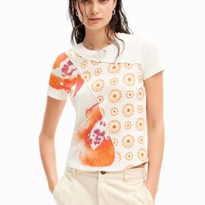 T-shirt met bloemenpatch - WHITE - S