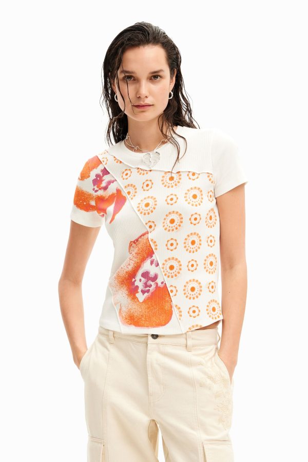T-shirt met bloemenpatch - WHITE - S