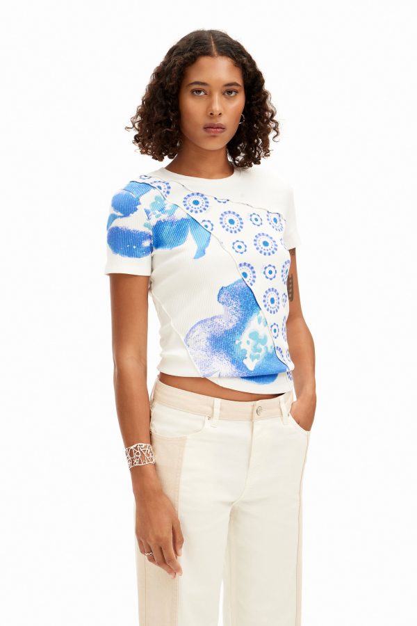 T-shirt met bloemenpatch - BLUE - S