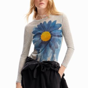 Geribd T-shirt hoge hals madeliefje - BLACK - L