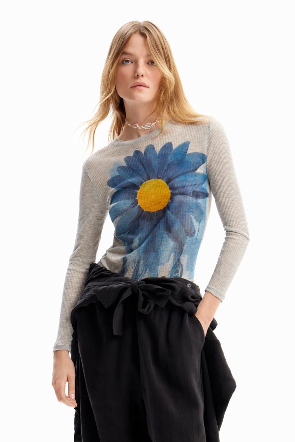 Geribd T-shirt hoge hals madeliefje - BLACK - L