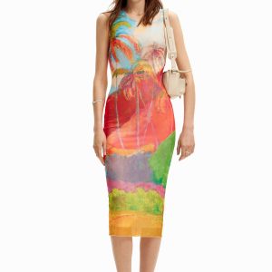 Veelkleurige tropische midi-jurk - MATERIAL FINISHES - S