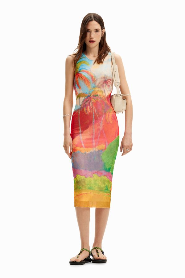 Veelkleurige tropische midi-jurk - MATERIAL FINISHES - S