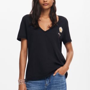 T-shirt met geborduurde bloemen V-hals. - BLACK - L