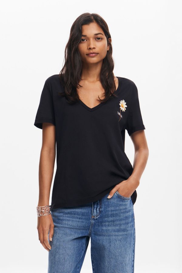 T-shirt met geborduurde bloemen V-hals. - BLACK - L