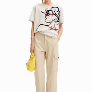 Effen T-shirt met illustratie. - WHITE - L