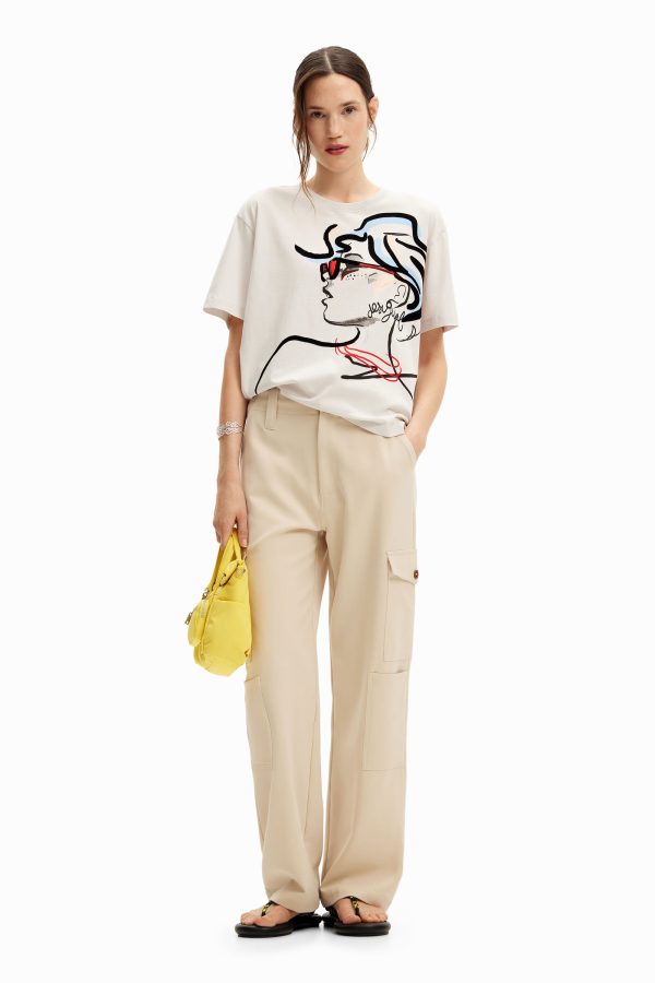 Effen T-shirt met illustratie. - WHITE - M