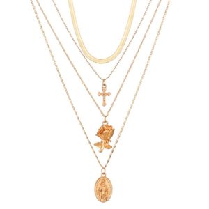 Gelaagde dames ketting goudkleurig Kruis Roos Munt