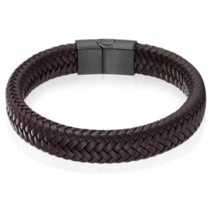 Gevlochten Leren Armband Heren Edelstaal Sluiting Bruin Zwart-18.5cm